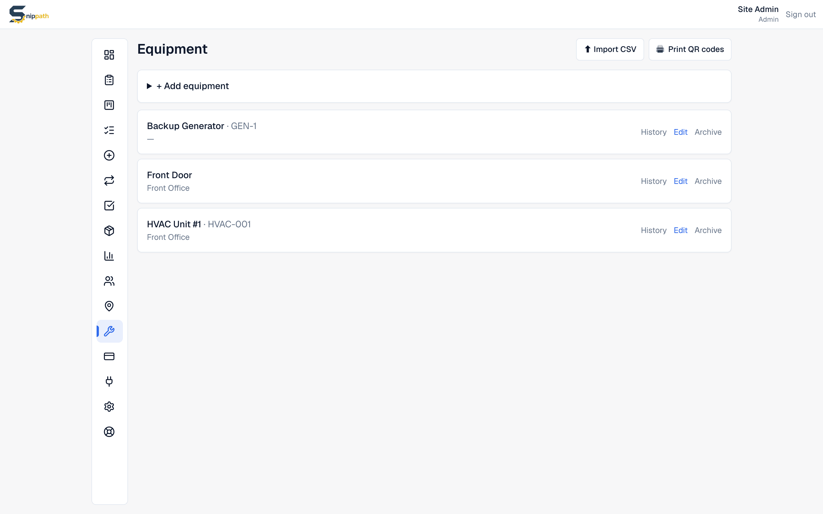 Snippath equipment and asset register