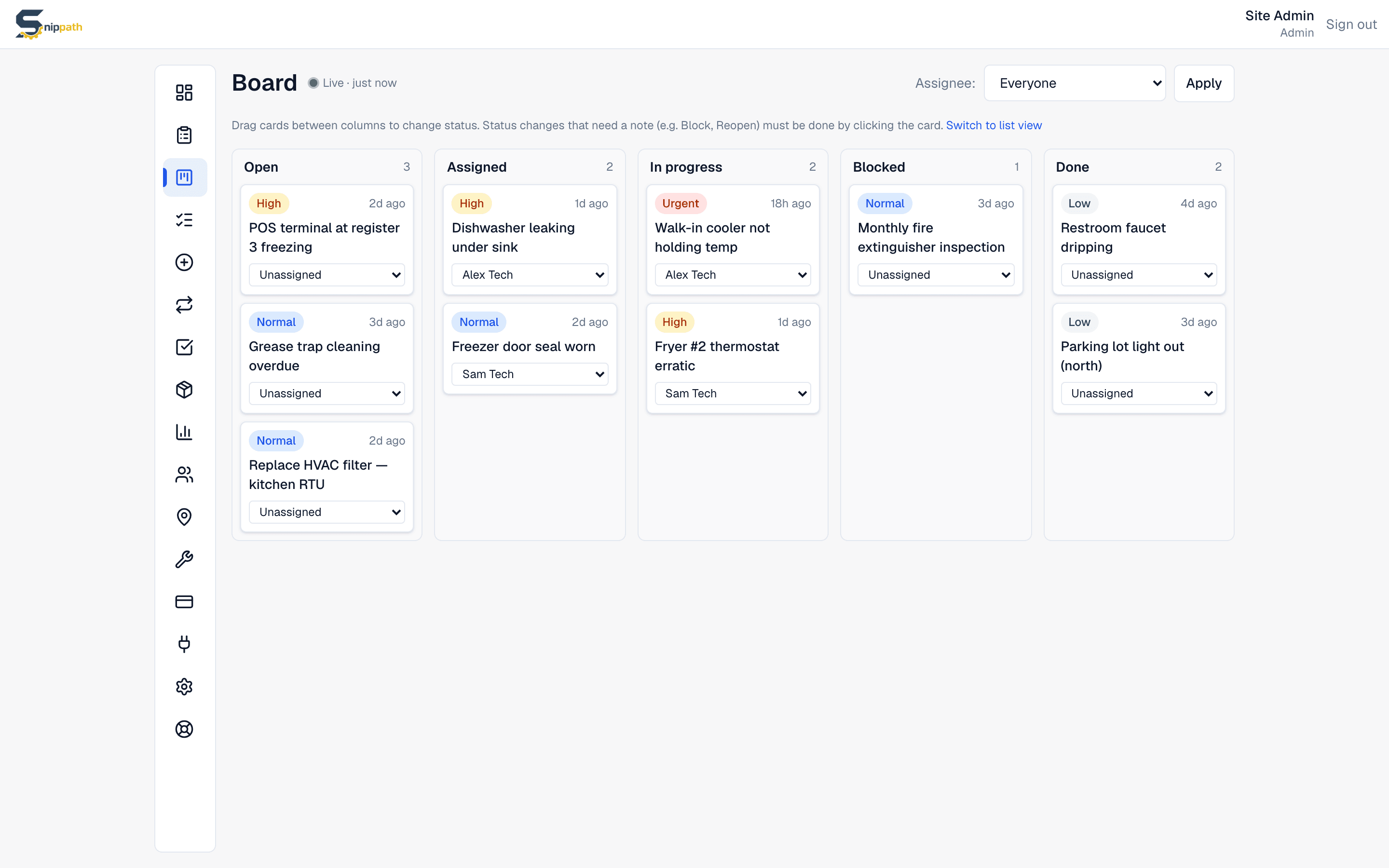 Snippath work order board with Open, Assigned, In progress, Blocked, and Done columns