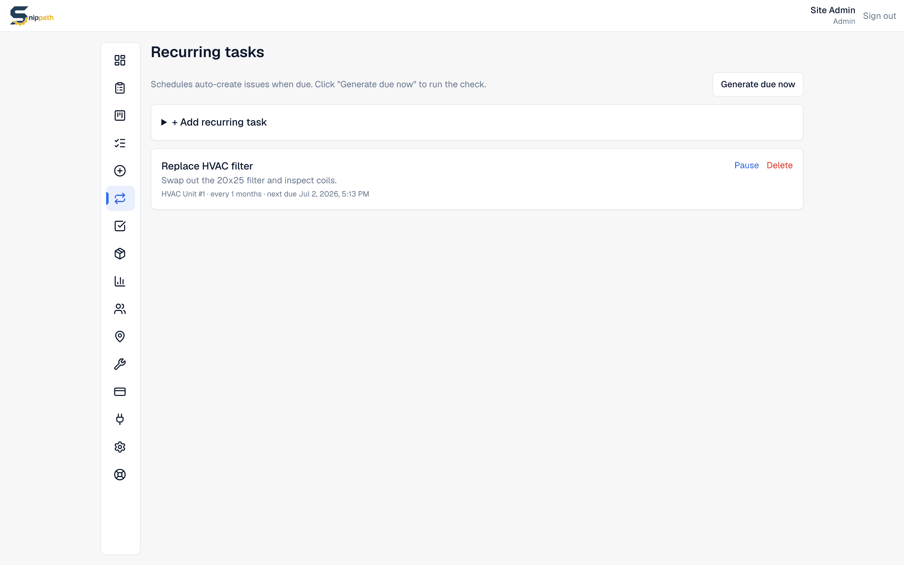Snippath recurring maintenance schedules